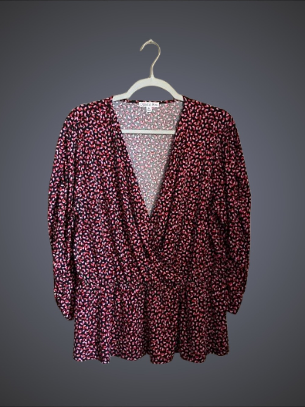 Cute abstract heart print Ophelia Roe faux wrap peplum top sz XL
